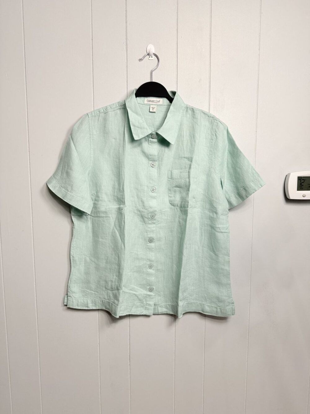 Coldwater Creek Mint Green 100% Linen Short Sleeve Button Down Shirt Petite L